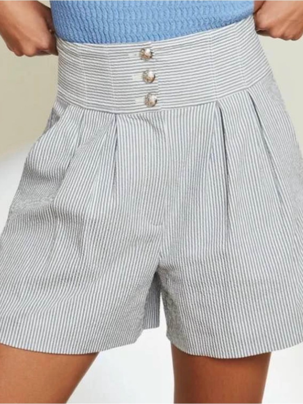 Veronica Beard Blue and White Pinstripe High-Waist Shorts